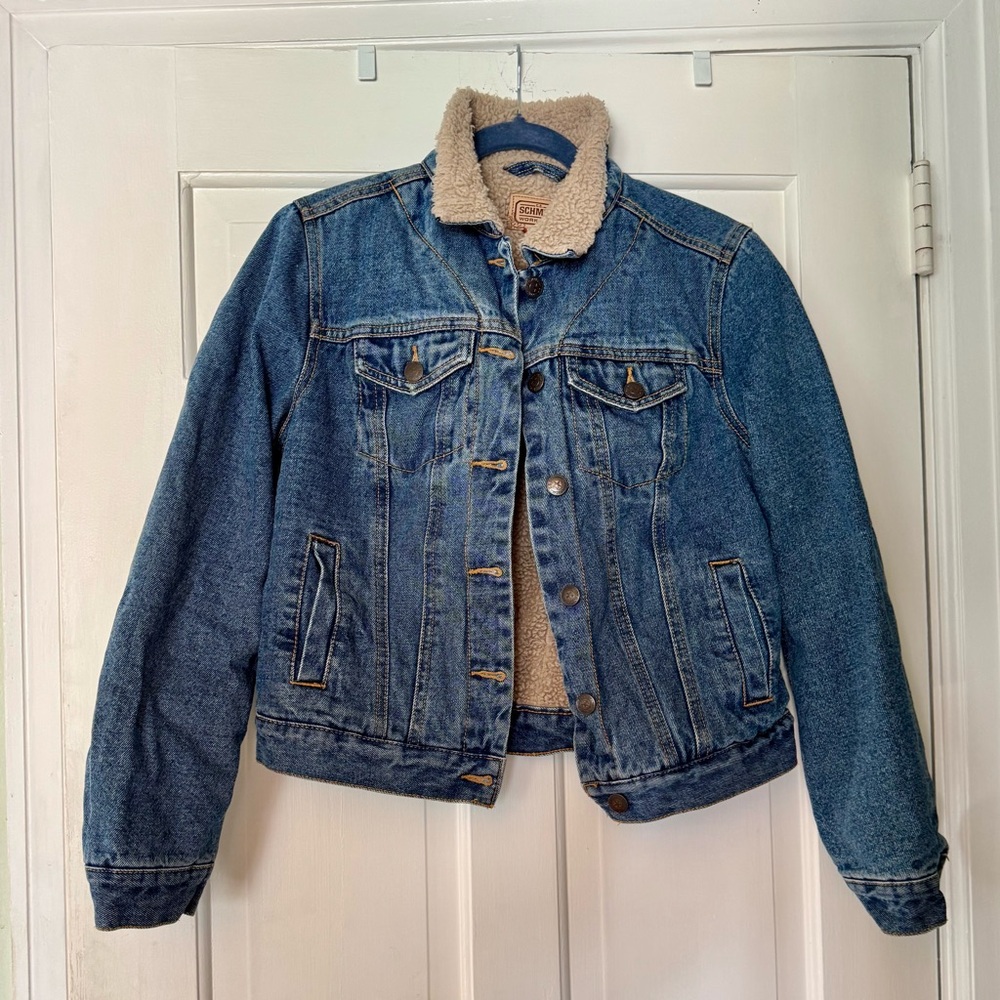 C.E. Schmidt Denim Sherpa Jacket Blue Tan Women's Sz Small VTG 1990s Workwear